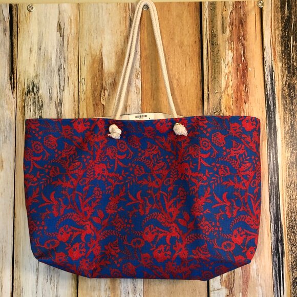 The Inside NYC Canvas Tote Beach Bag Red Blue Floral Rope Handle Lined NEW! - Picture 1 of 4